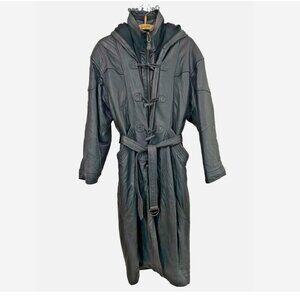 Vintage Black Leather Trench Coat Hood i.O.U. Size Medium Lambskin?